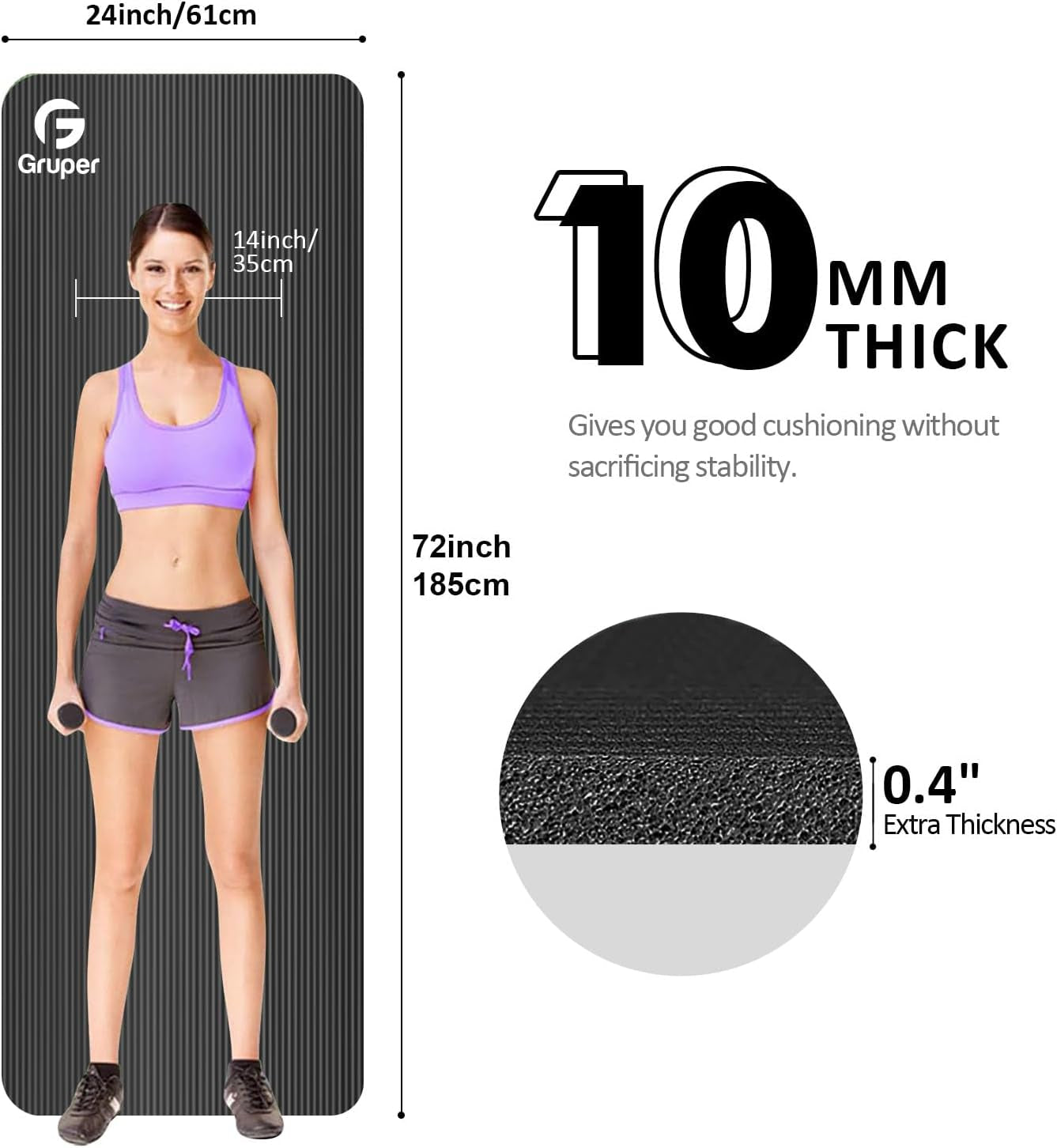 Yoga Mat Non Slip NBR Extra Thick Yoga Mat, 72"L X 32"/24"W X 0.6"/0.4"TH (185Cm X 80Cm/61Cm X 15Mm/10Mm), Anti-Tear Exercise Mat with Carrying Strap and Bag, Workout Mats for Yoga, Pilates